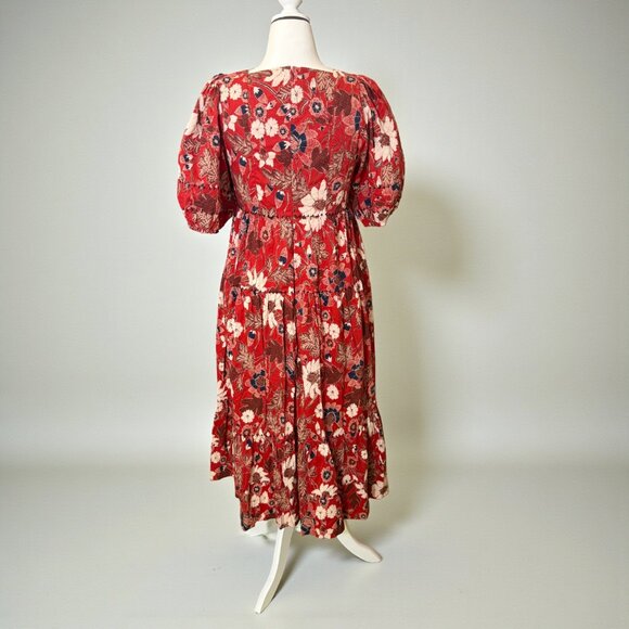 Ulla Johnson Nora Floral Gathered Midi Dress Size 12  Red Puff Sleeve Tiered - Picture 7 of 16